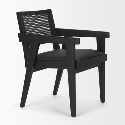 Black Leather Solid Wood And Rattan Dining Arm Chair