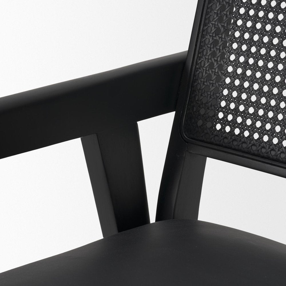 Black Leather Solid Wood And Rattan Dining Arm Chair HomeRoots