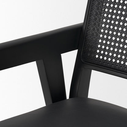 Black Leather Solid Wood And Rattan Dining Arm Chair