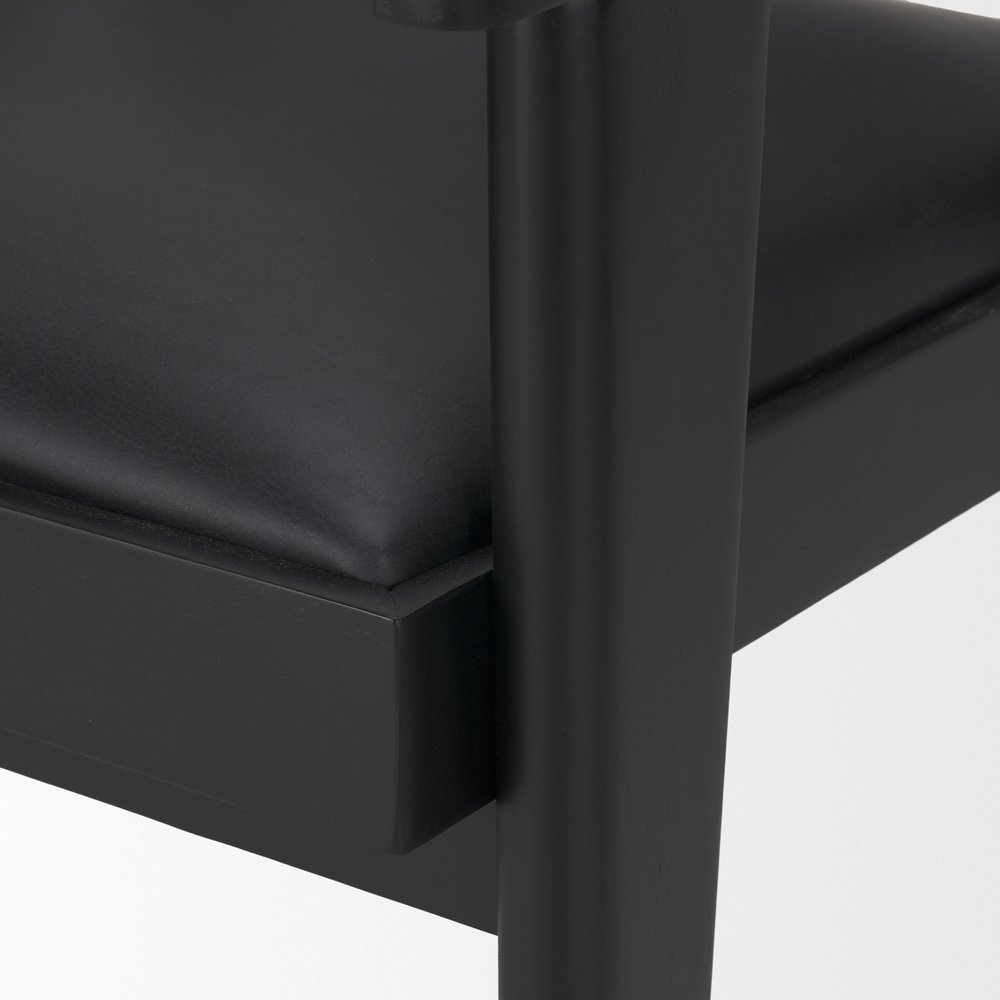 Black Leather Solid Wood And Rattan Dining Arm Chair — view 7