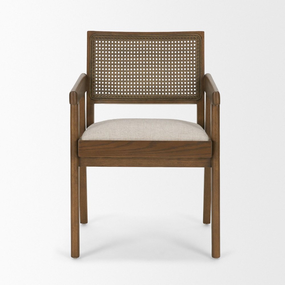 Black Leather Solid Wood And Rattan Dining Arm Chair — view 12