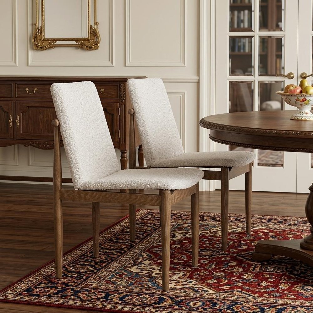 Set of Two Cream And Brown Boucle And Solid Wood Dining Side Chairs HomeRoots
