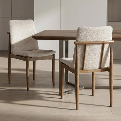 Set of Two Cream And Brown Boucle And Solid Wood Dining Side Chairs