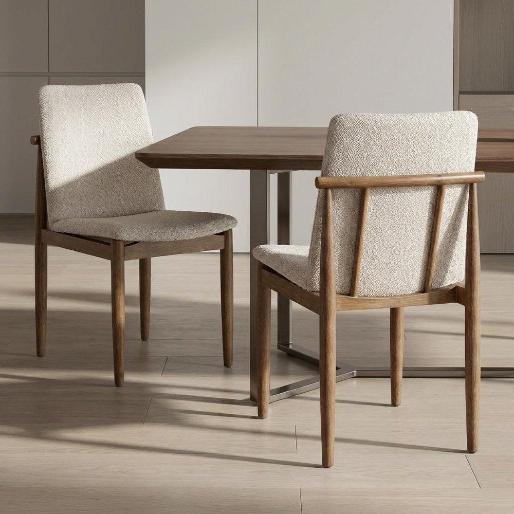 Set of Two Cream And Brown Boucle And Solid Wood Dining Side Chairs — view 12