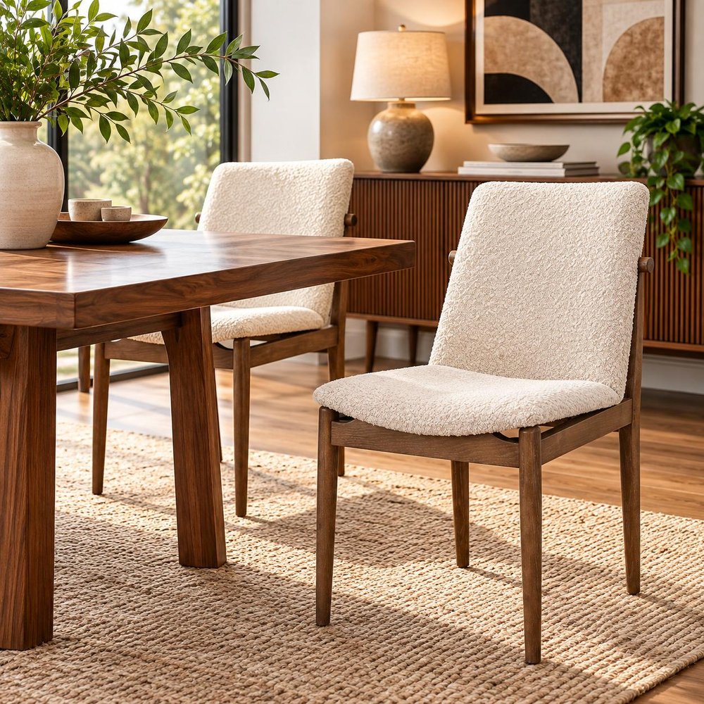 Set of Two Cream And Brown Boucle And Solid Wood Dining Side Chairs — view 13