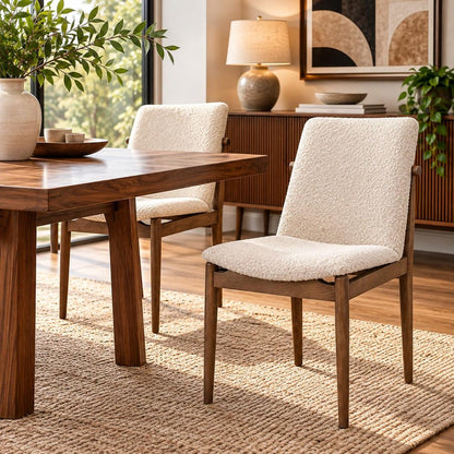 Set of Two Cream And Brown Boucle And Solid Wood Dining Side Chairs