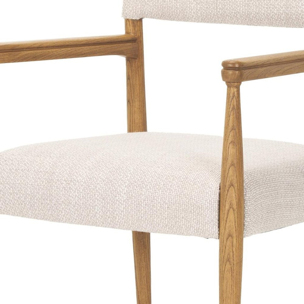 Cream And Brown Fabric And Solid Wood Open Back Dining Arm Chair HomeRoots