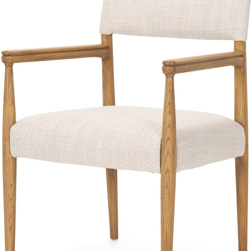 Cream And Brown Fabric And Solid Wood Open Back Dining Arm Chair HomeRoots