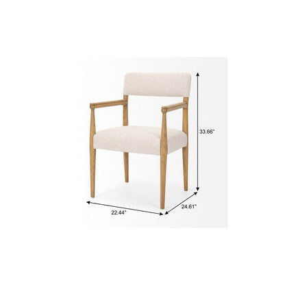 Cream And Brown Fabric And Solid Wood Open Back Dining Arm Chair