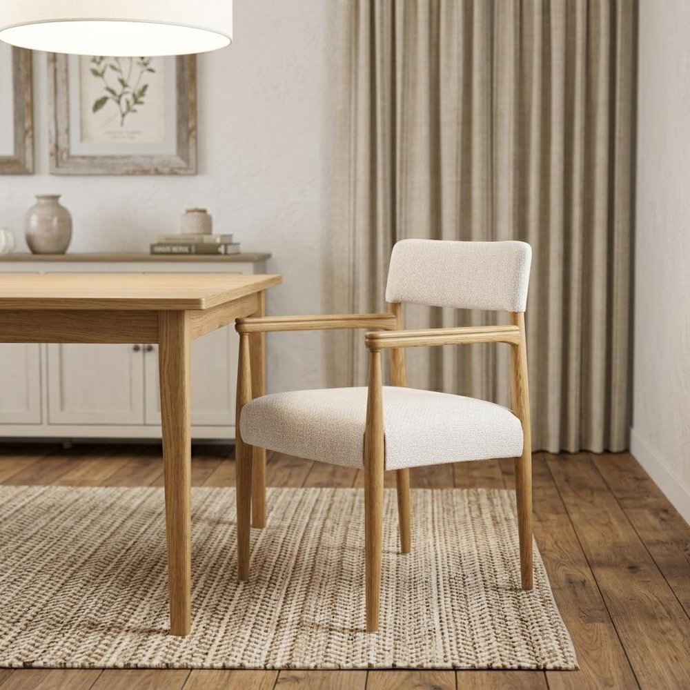 Cream And Brown Fabric And Solid Wood Open Back Dining Arm Chair HomeRoots