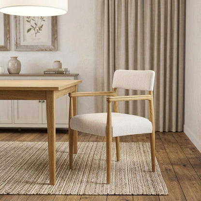 Cream And Brown Fabric And Solid Wood Open Back Dining Arm Chair HomeRoots