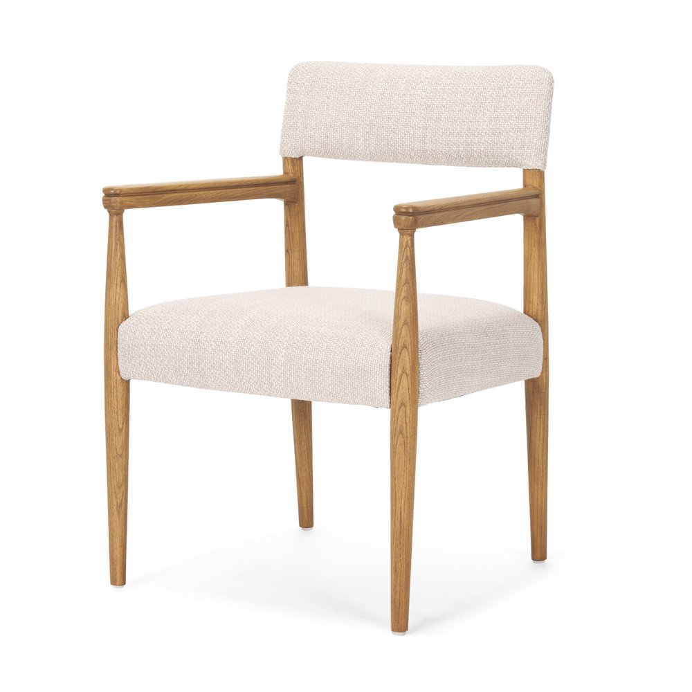 Cream And Brown Fabric And Solid Wood Open Back Dining Arm Chair — view 1
