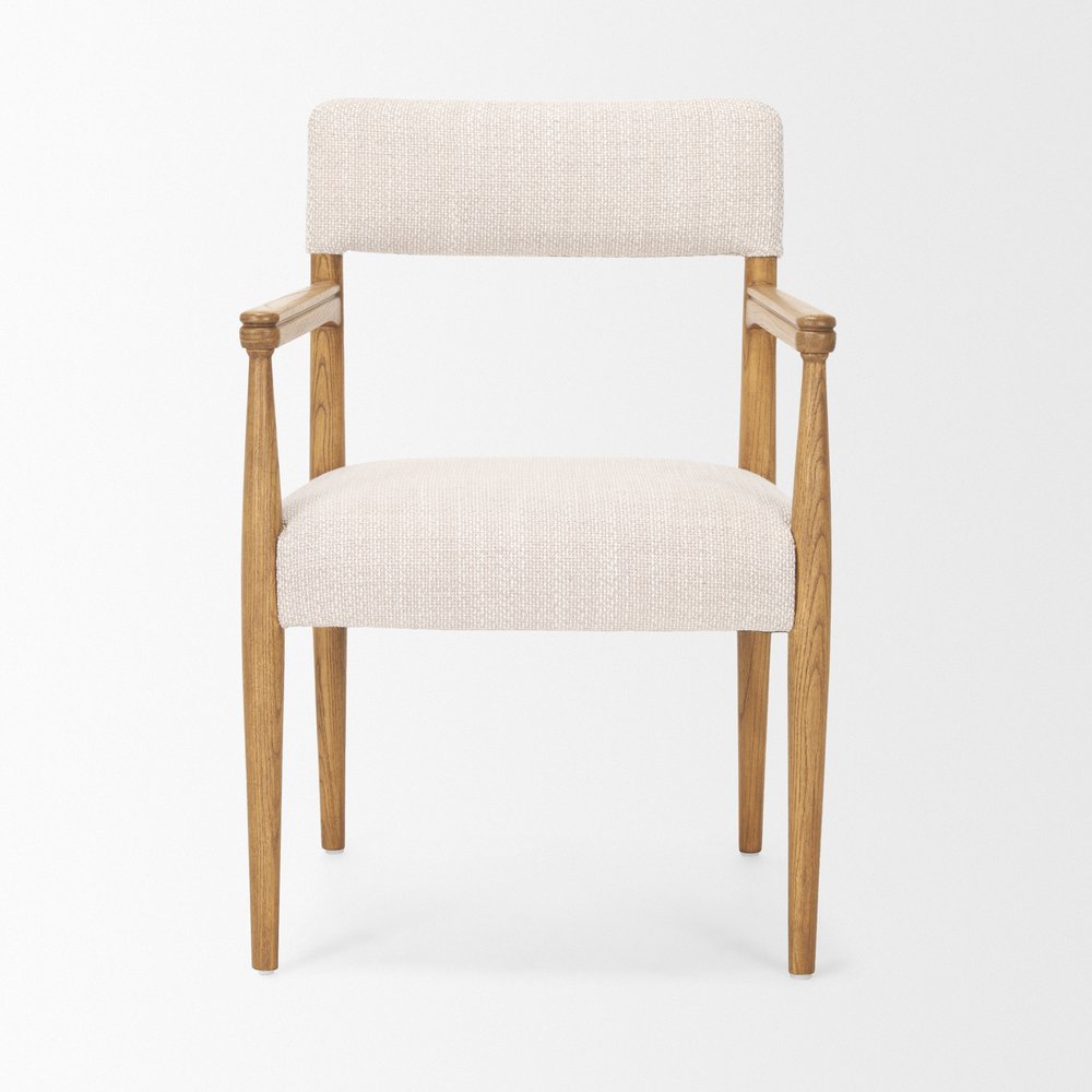 Cream And Brown Fabric And Solid Wood Open Back Dining Arm Chair — view 2