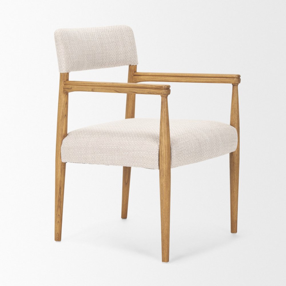 Cream And Brown Fabric And Solid Wood Open Back Dining Arm Chair HomeRoots