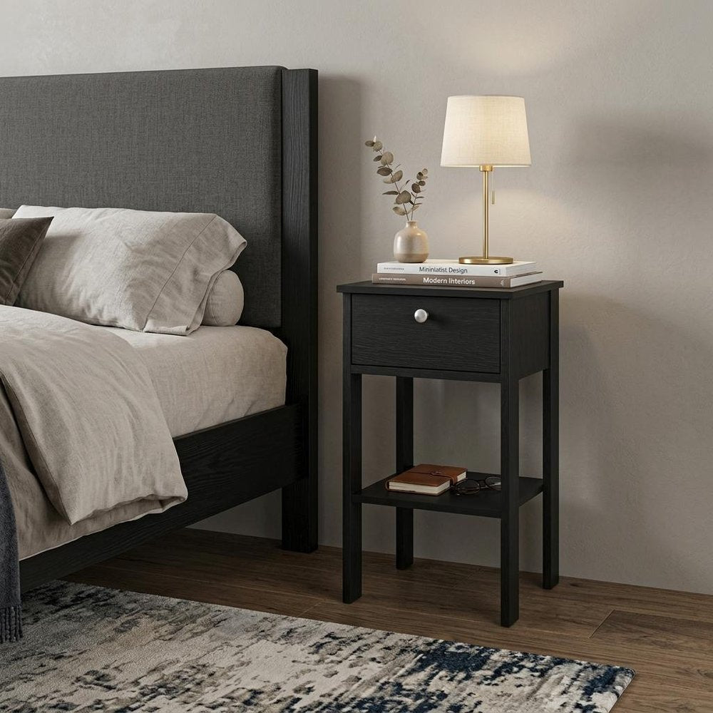 16" Black Wood One Drawer Nightstand HomeRoots