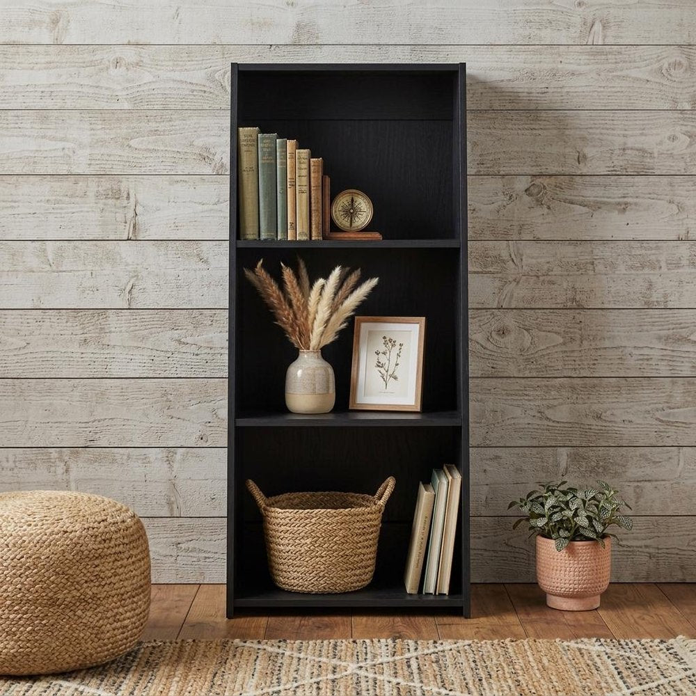 47" Black Wood Three Tier Bookcase HomeRoots