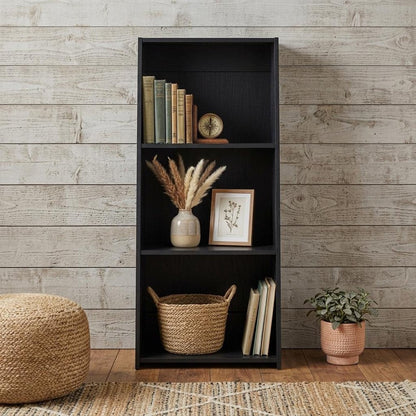 47" Black Wood Three Tier Bookcase