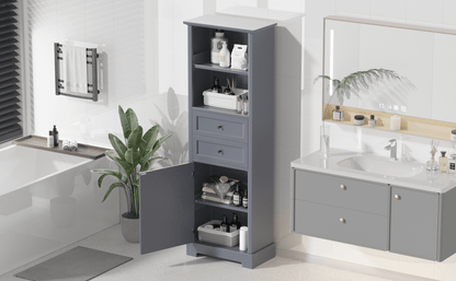 Bathroom Storage Cabinet, Tall Storage Cabinet with Two Drawers, Open Storage, Adjustable Shelf, Grey - FurniFindUSA