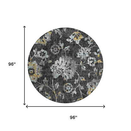8' Black And Graphite Round Floral Washable Indoor Outdoor Area Rug HomeRoots