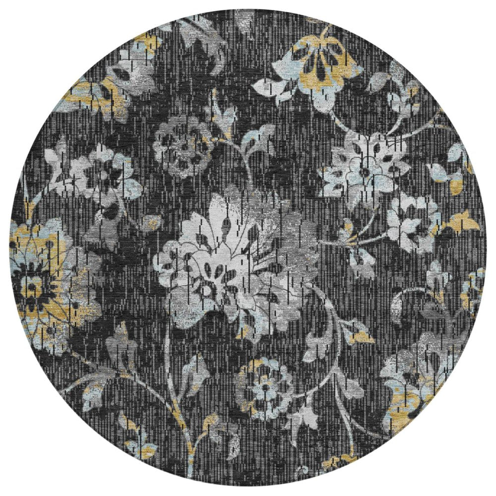 8' Black And Graphite Round Floral Washable Indoor Outdoor Area Rug HomeRoots