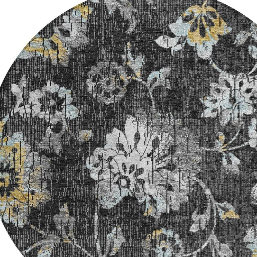 8' Black And Graphite Round Floral Washable Indoor Outdoor Area Rug HomeRoots
