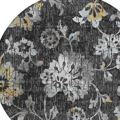 8' Black And Graphite Round Floral Washable Indoor Outdoor Area Rug HomeRoots