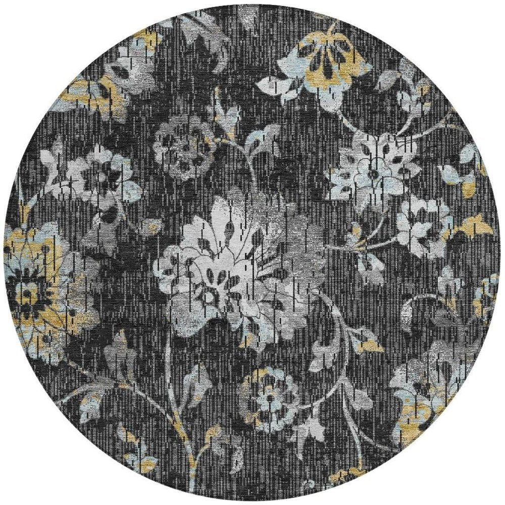 8' Black And Graphite Round Floral Washable Indoor Outdoor Area Rug HomeRoots
