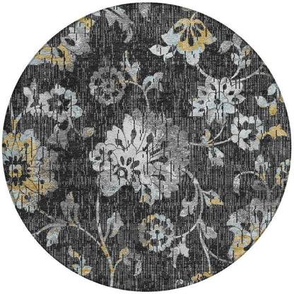 8' Black And Graphite Round Floral Washable Indoor Outdoor Area Rug HomeRoots