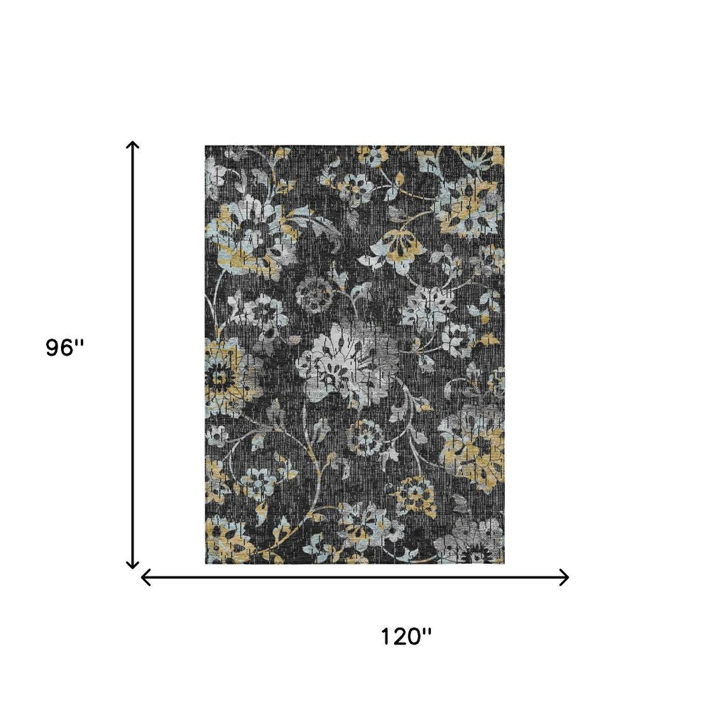 8' X 10' Black And Graphite Floral Washable Indoor Outdoor Area Rug HomeRoots