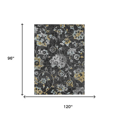 8' X 10' Black And Graphite Floral Washable Indoor Outdoor Area Rug HomeRoots
