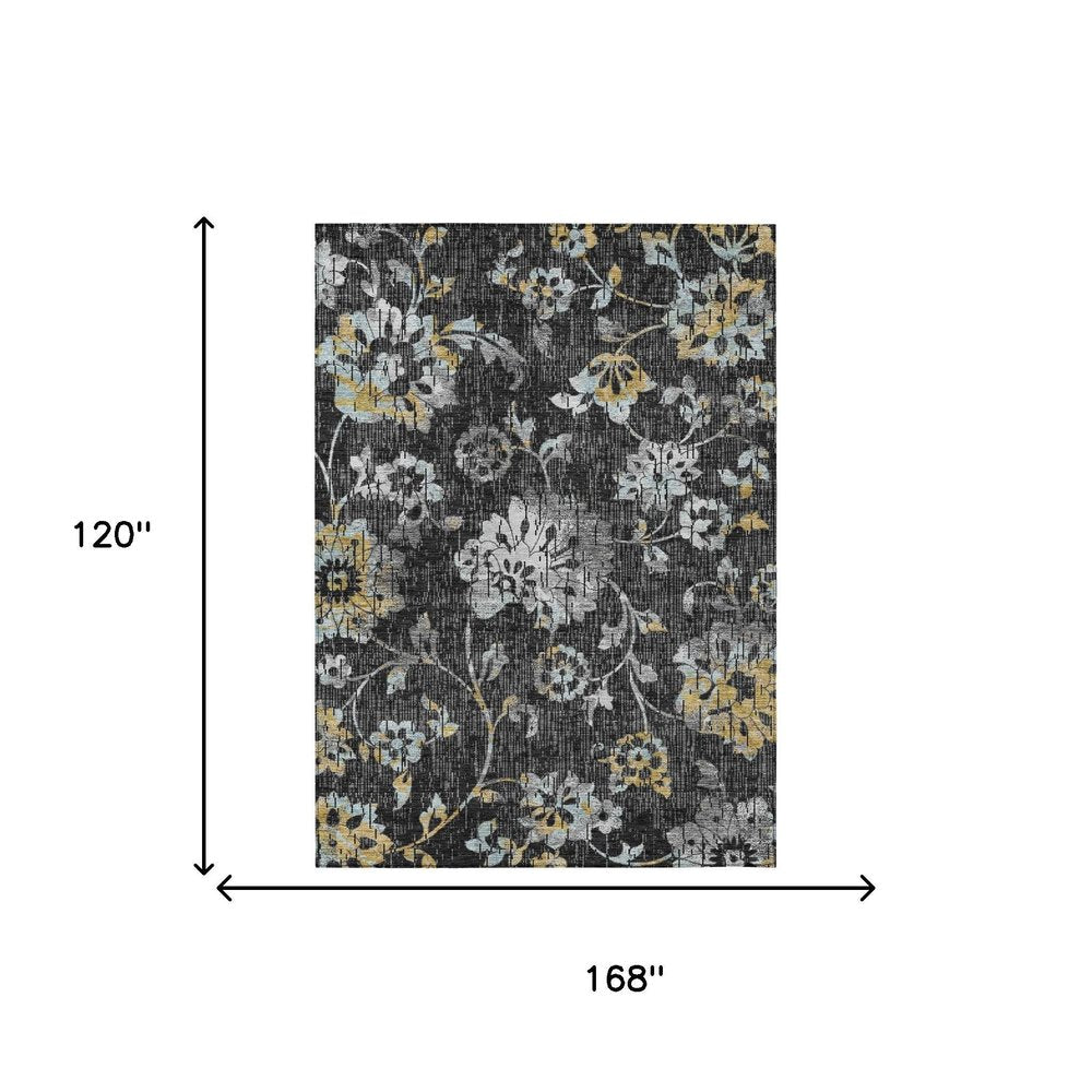 10' X 14' Black And Graphite Floral Washable Indoor Outdoor Area Rug HomeRoots