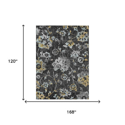 10' X 14' Black And Graphite Floral Washable Indoor Outdoor Area Rug HomeRoots