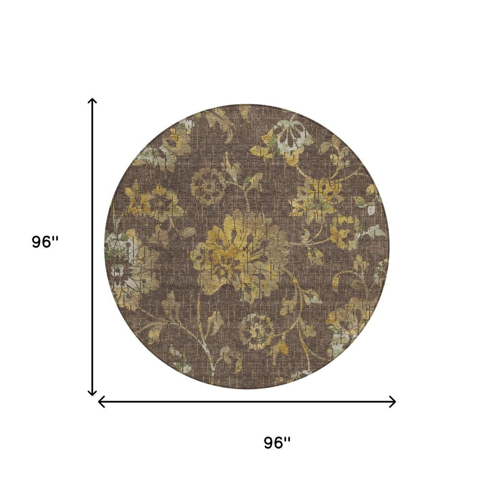8' Chocolate And Brown Round Floral Washable Indoor Outdoor Area Rug HomeRoots