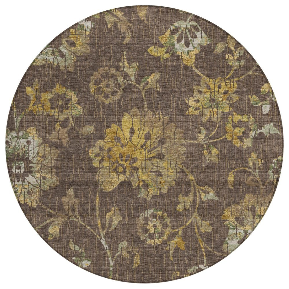 8' Chocolate And Brown Round Floral Washable Indoor Outdoor Area Rug HomeRoots