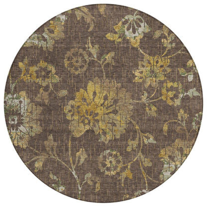 8' Chocolate And Brown Round Floral Washable Indoor Outdoor Area Rug HomeRoots