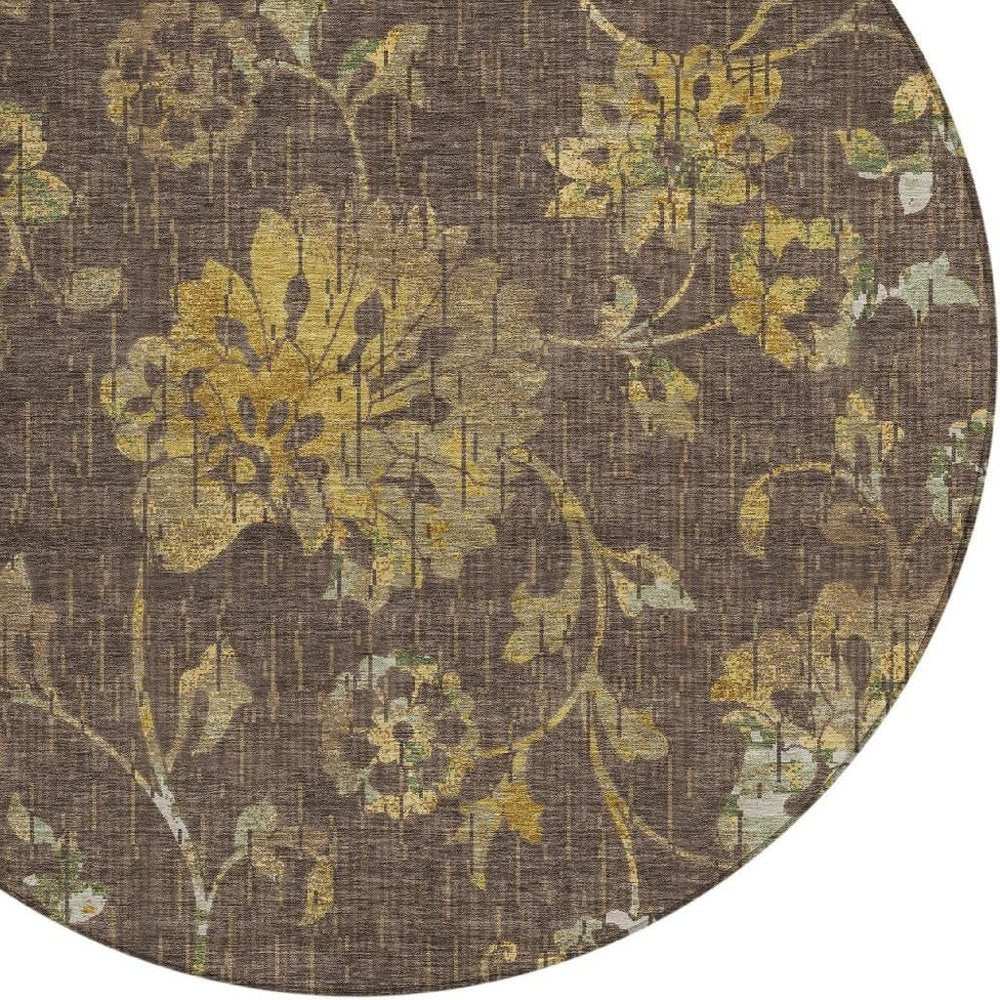 8' Chocolate And Brown Round Floral Washable Indoor Outdoor Area Rug HomeRoots