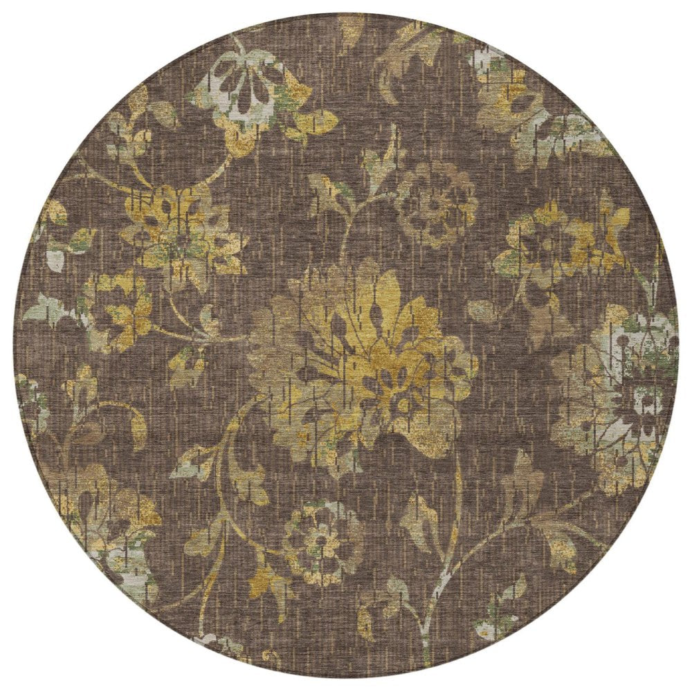 8' Chocolate And Brown Round Floral Washable Indoor Outdoor Area Rug HomeRoots