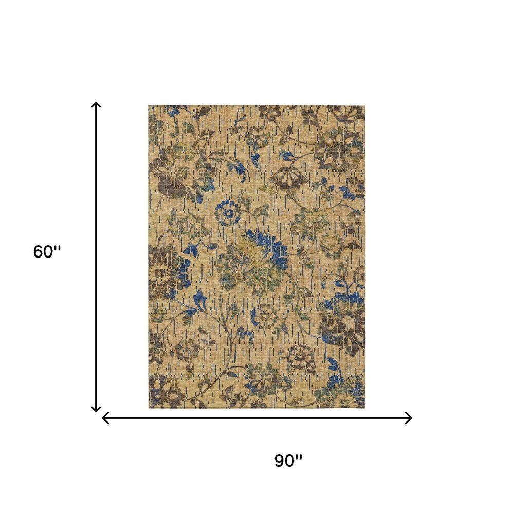 5' X 8' Gold And Brown Floral Washable Indoor Outdoor Area Rug HomeRoots