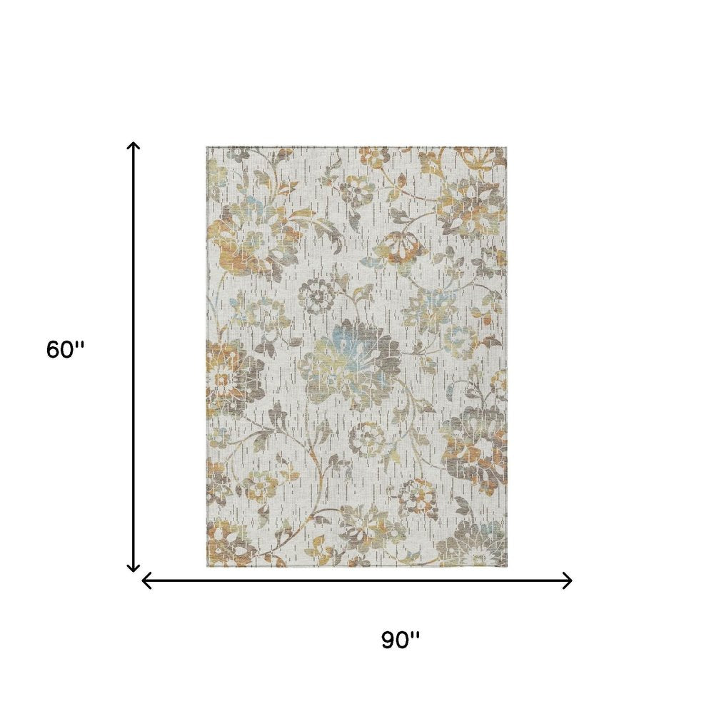 5' X 8' Ivory And Linen Floral Washable Indoor Outdoor Area Rug HomeRoots