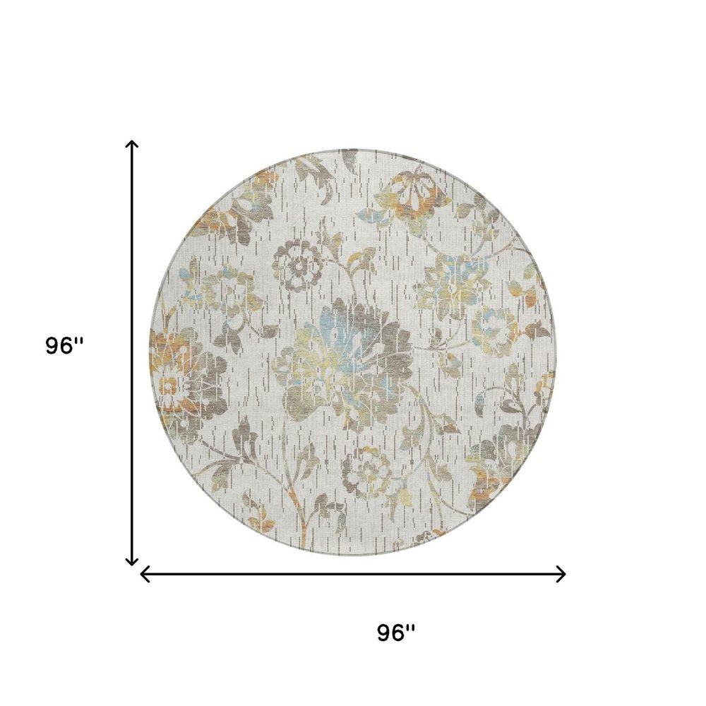 8' Ivory And Linen Round Floral Washable Indoor Outdoor Area Rug HomeRoots