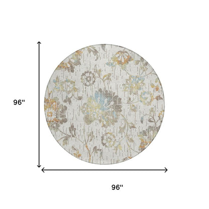 8' Ivory And Linen Round Floral Washable Indoor Outdoor Area Rug HomeRoots