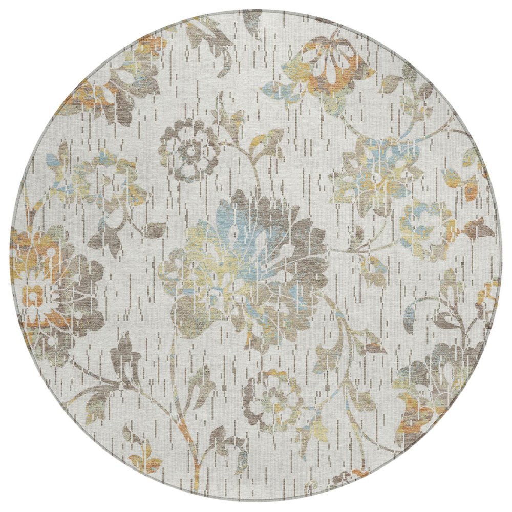 8' Ivory And Linen Round Floral Washable Indoor Outdoor Area Rug HomeRoots