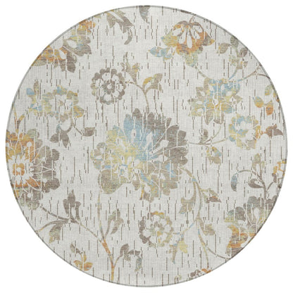 8' Ivory And Linen Round Floral Washable Indoor Outdoor Area Rug HomeRoots