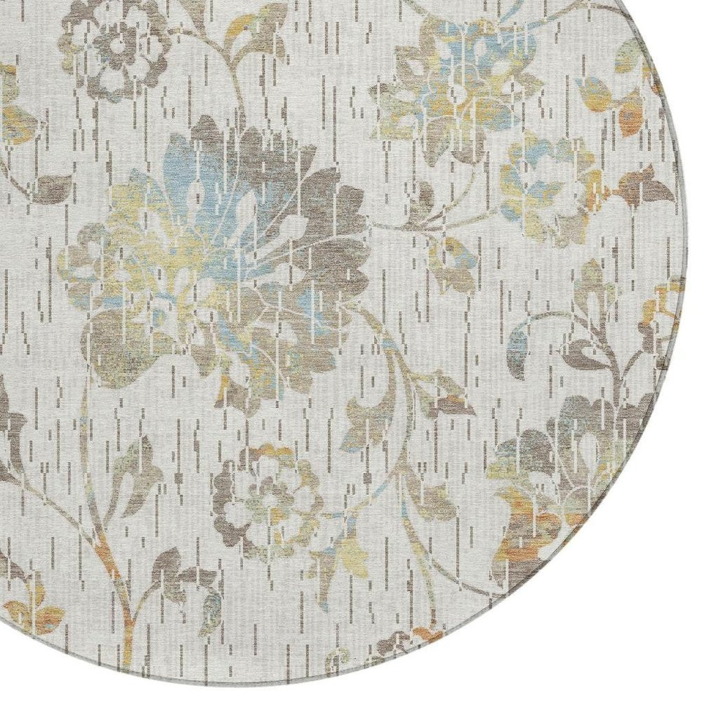 8' Ivory And Linen Round Floral Washable Indoor Outdoor Area Rug HomeRoots