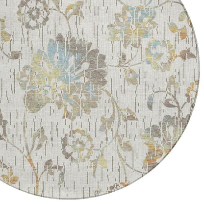 8' Ivory And Linen Round Floral Washable Indoor Outdoor Area Rug HomeRoots