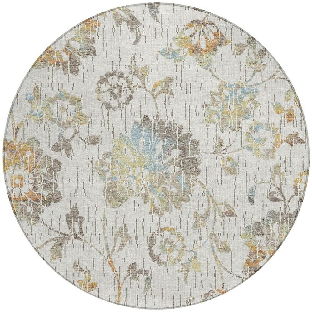 8' Ivory And Linen Round Floral Washable Indoor Outdoor Area Rug HomeRoots