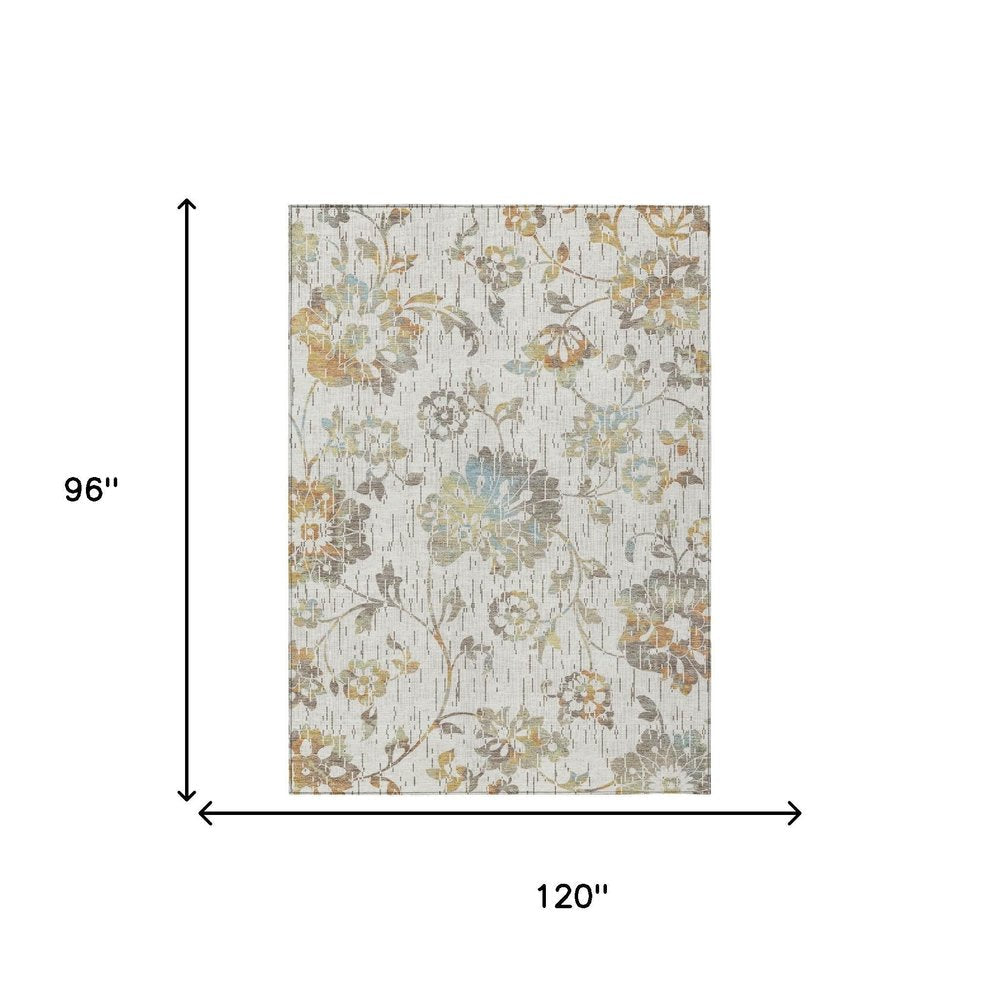 8' X 10' Ivory And Linen Floral Washable Indoor Outdoor Area Rug HomeRoots