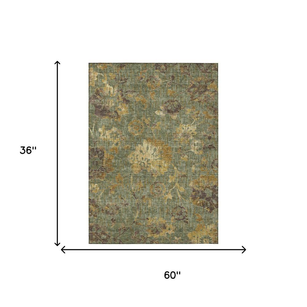 3' X 5' Olive Green And Green Floral Washable Indoor Outdoor Area Rug HomeRoots