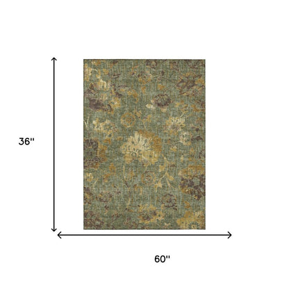 3' X 5' Olive Green And Green Floral Washable Indoor Outdoor Area Rug HomeRoots