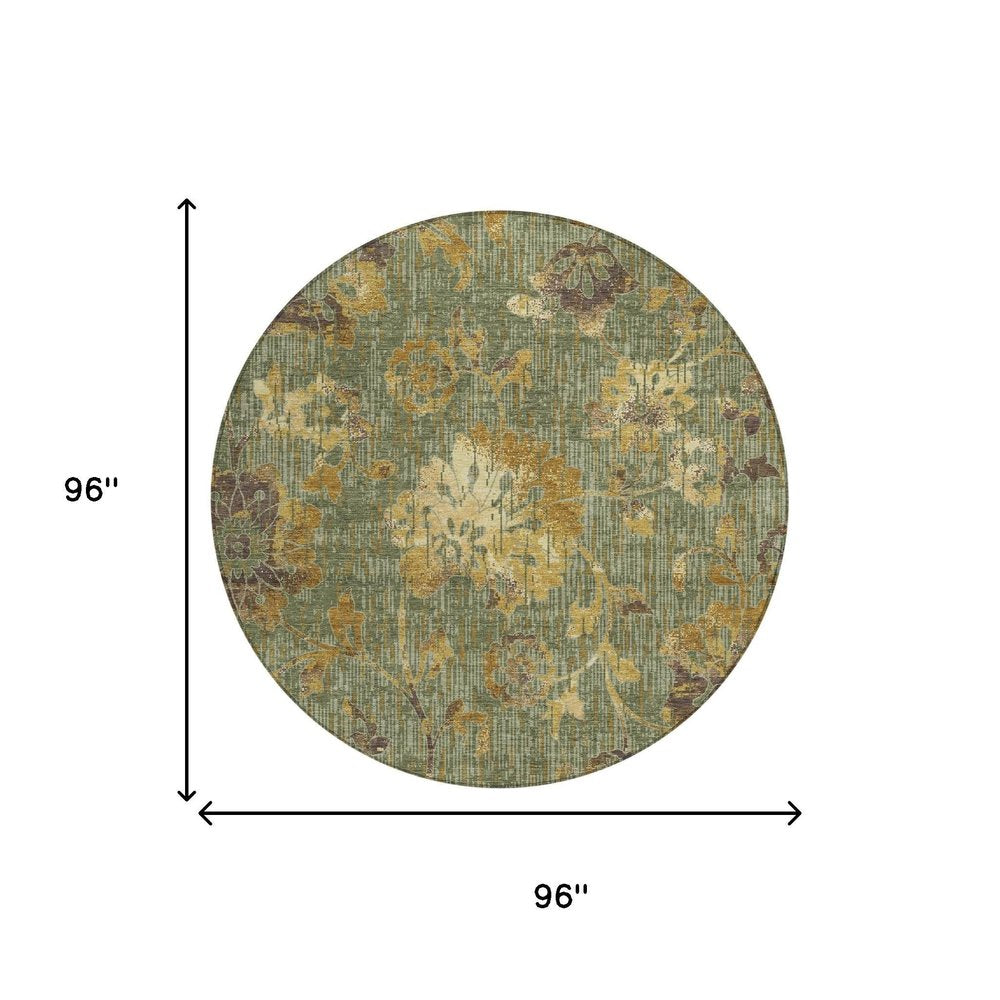 8' Olive Green And Green Round Floral Washable Indoor Outdoor Area Rug HomeRoots